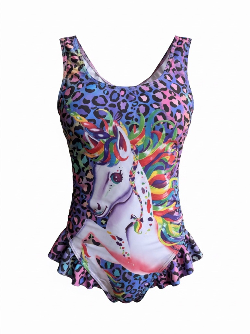Rainbow Unicorn Print Ruffled Hem One-Piece Swim